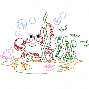Crab in ocean vintage stitch machine embroidery design