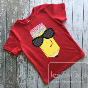 Pencil with sunglasses appliqué machine embroidery design