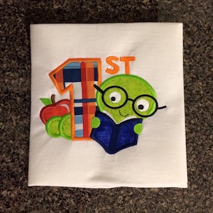 1st Day of School or 1st grade bookworm appliqué machine embroidery design