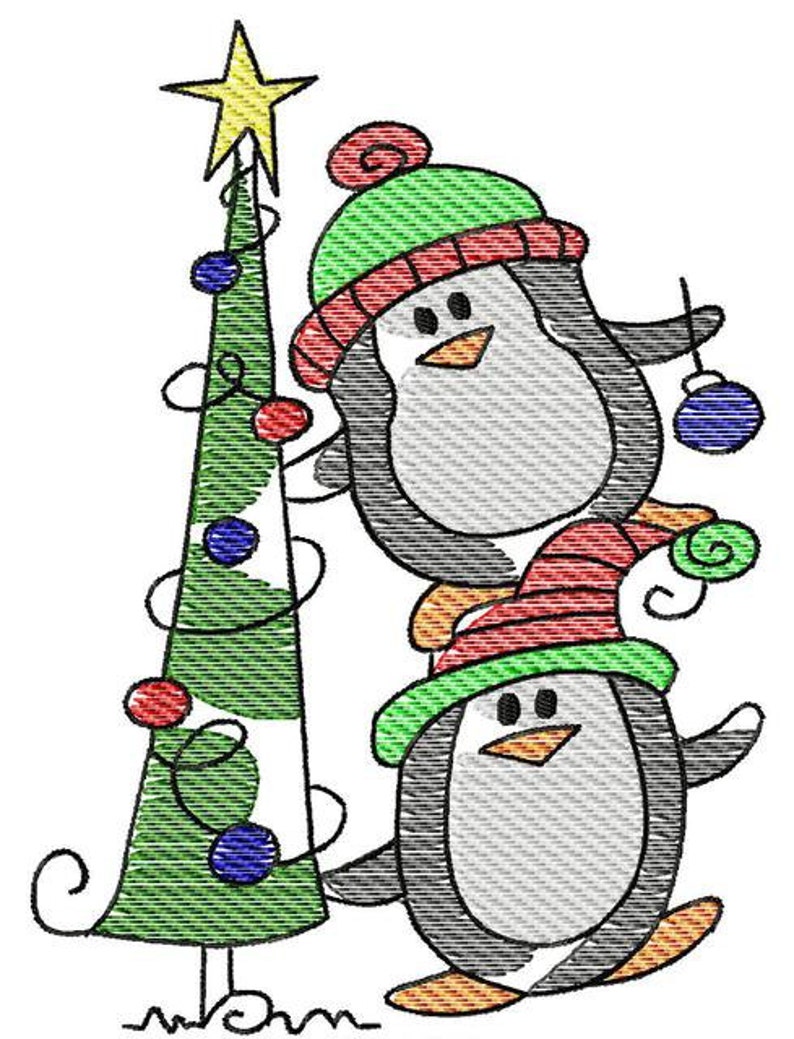 Penguins with Christmas Tree sketch machine embroidery design image 6