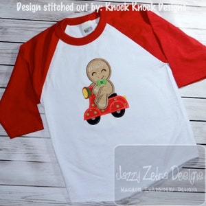 Gingerbread Man riding scooter applique machine embroidery design