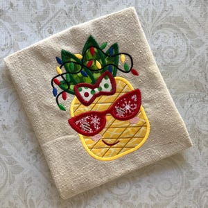 Pineapple girl wearing sunglasses with Christmas lights appliqué machine embroidery design
