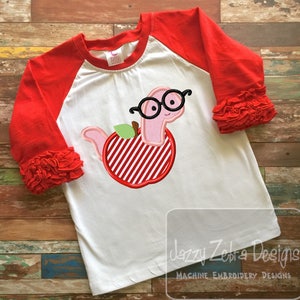 Apple with book worm appliqué machine embroidery design