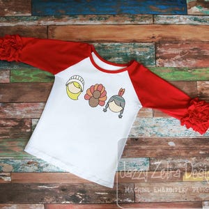 Thanksgiving girl trio, pilgrim, indian and turkey sketch machine embroidery design