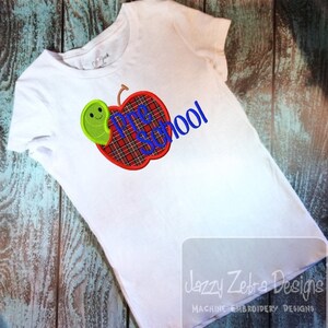 Pre school apple with worm appliqué machine embroidery design