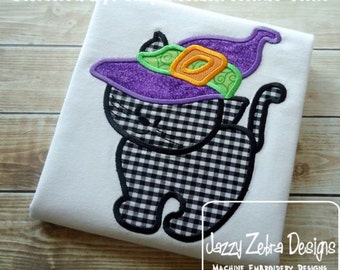 Halloween Black Cat wearing Witches Hat Appliqué embroidery Design