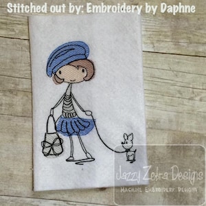 Mod Girl with Dog Sketch machine Embroidery Design