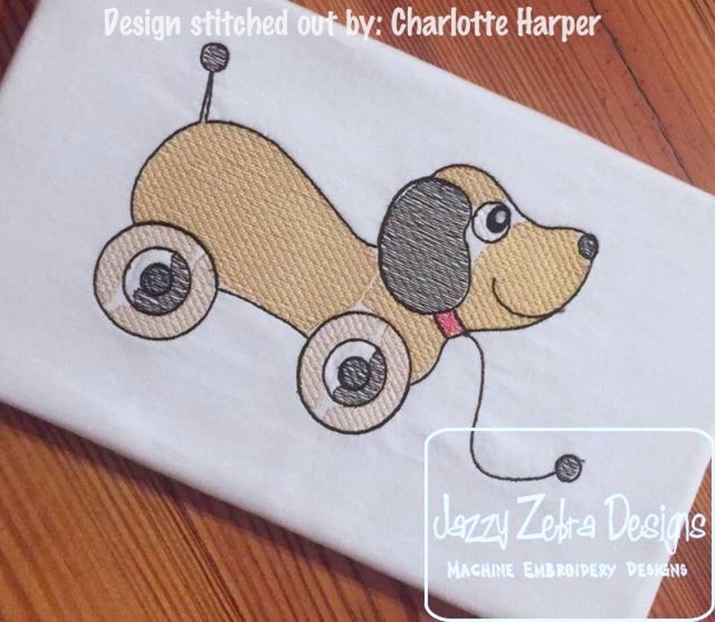 Retro pull toy dog sketch machine embroidery design image 1