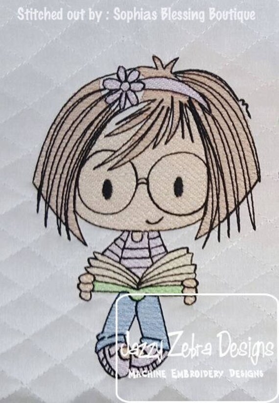 Girl With Book Reading Sketch Machine Embroidery Design Reading Embroidery Design Girl Embroidery Design School Embroidery Design