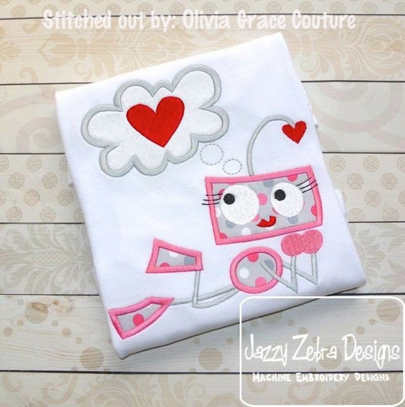 Girl Robot in Love appliqué machine embroidery design image 1