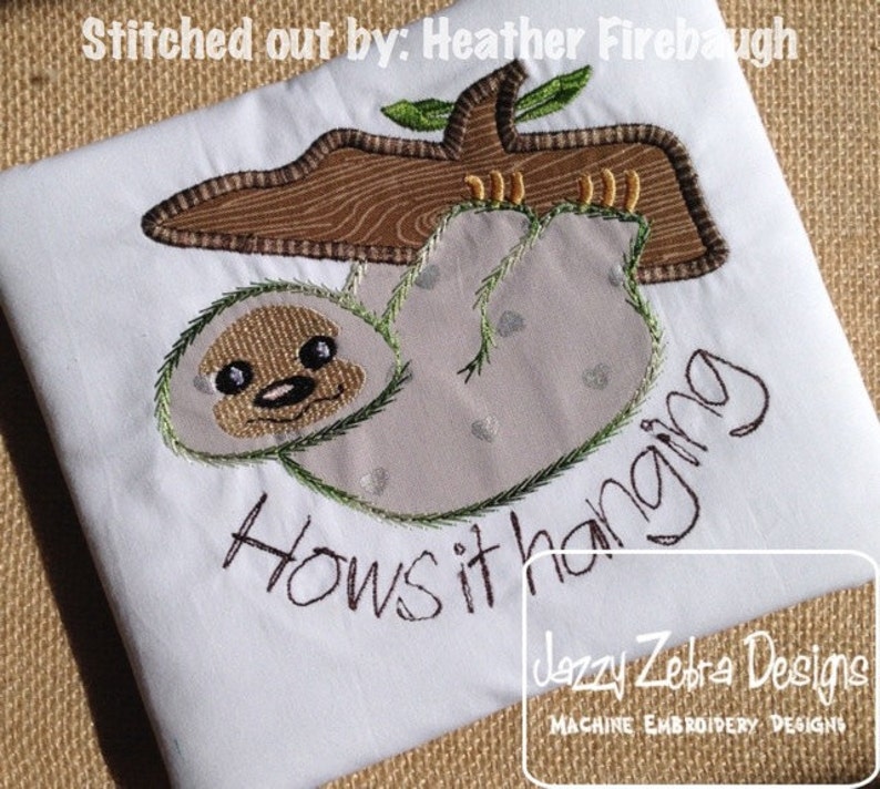 Hairy Sloth applique machine embroidery design image 1