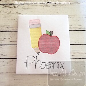 Pencil and apple back to school sketch machine embroidery design