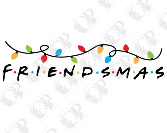 May include: A string of colorful Christmas lights spelling out "FRIENDS.MAS" in black text.