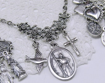 St. Joan of Arc & Choose 2 charms Medal Necklace - Saint Fleur-de-Lis Soldier Jesus Mary Miraculous Crucifix France Catholic Stainless Steel