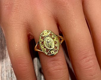 Guadalupe Ring - Our Lady Catholic Finger Ring - Adjustable Open Cuff- Gold Colored Brass Alloy - Oval - Chunky - Lead Free Cadmium Free