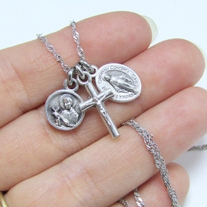 Tiny St Gerard Miraculous Medal Crucifix Necklace Stainless Steel Chain - Catholic Saint  Pregnancy Fertility Baby Mother Mini Dainty Small