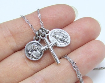 Tiny St Gerard Miraculous Medal Crucifix Necklace Stainless Steel Chain - Catholic Saint  Pregnancy Fertility Baby Mother Mini Dainty Small