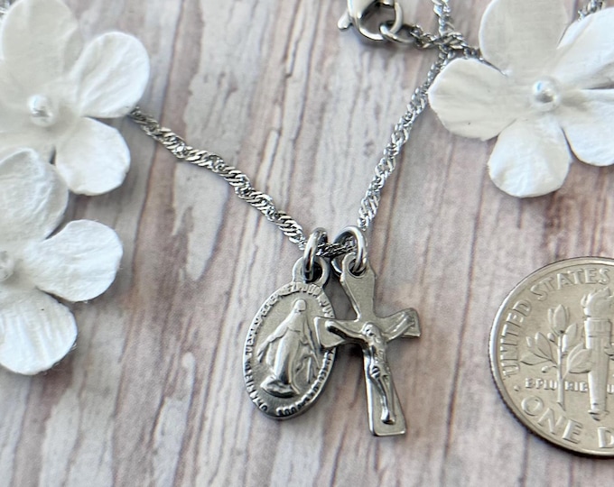 Featured listing image: Tiny Miraculous Medal - 100% Stainless Steel - Blessed Mother Our Lady Necklace Pendant Crucifix Minimalist