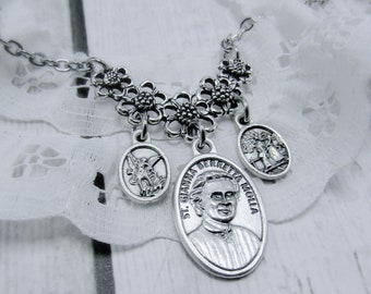 St. Gianna Charm Necklace - 5-Flower with Large Pendant and 2 Tiny Medals - St. Michael Guardian Angel -Catholic - Saint - Unique