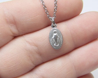 100% Stainless Steel Tiny Miraculous Medal & Chain - Our Lady Necklace - Mary Blessed Mother Scapular - Mini Dainty Small Simple NON-TARNISH