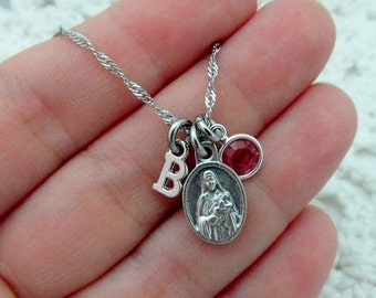 Tiny Therese Medal & Birthstone Initial Necklace - Stainless Steel Chain - Little Flower Jesus Lisieux Saint St Catholic Mini Dainty Small