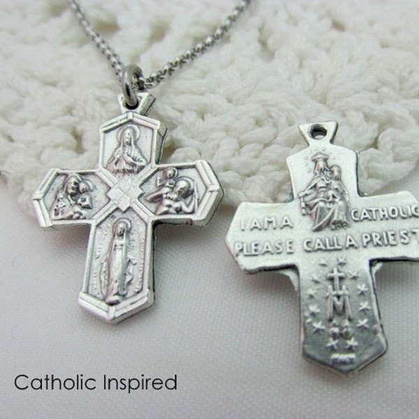 4 Way Cross Necklace with Stainless Steel Chain - Miraculous Medal Our Lady Carmel Jesus Scapular St Joseph Saint Christopher 5 Oxidized