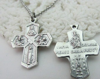 4 Way Cross Necklace with Stainless Steel Chain - Miraculous Medal Our Lady Carmel Jesus Scapular St Joseph Saint Christopher 5 Oxidized