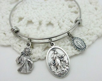 Catholic Bangle Bracelet - Our Lady Undoer Untier of Knots - Miraculous Medal - Divine Mercy - Stainless Steel Wire Adjustable Expandable
