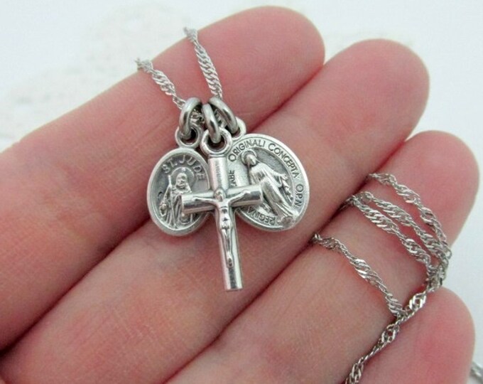 Tiny St Jude Miraculous Medal Crucifix Necklace Stainless Steel Chain ...