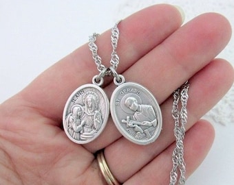 St Gerard & Anne Medal Necklace - Stainless Steel Chain - Catholic Saint Ann Pregnancy Fertility Conception Baby Mother Oxidized Silver