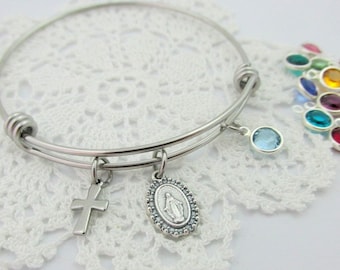 Miraculous Medal Bangle - Choose Birthstone - Catholic Saint Adjustable Wire Stainless Steel Cross Bracelet