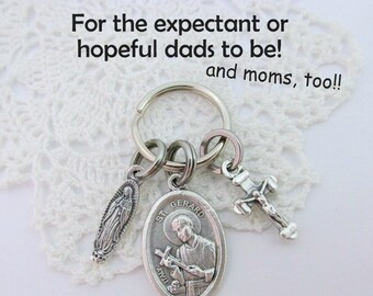 St. Gerard Key Ring Charm Medal - Crucifix Chain Split Ring Our Lady of Guadalupe Expecting Fertility Pregnancy Motherhood Baby - Men Women