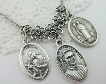 3 Saints of Fertility Pregnancy St Gianna Beretta Molla Gerard Raymond Necklace Medal Infertility Baby Mother Perpetual Help Stainless Steel