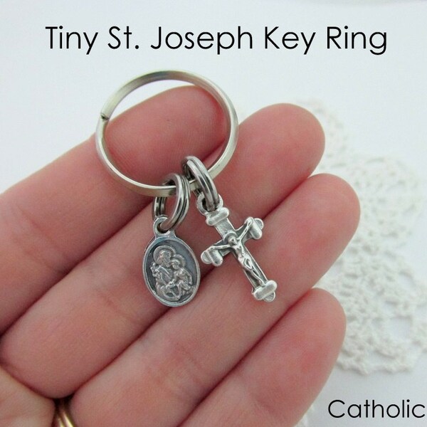 St. Joseph Key Ring Charm Medal - Crucifix Chain Split Ring Lightweight Tiny Zipper Pull - Men Women Teens Children