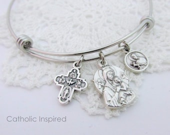 Catholic Fertility Bangle Bracelet - St Gerard Miraculous Our Lady of Perpetual Help 5 4 Way Cross Medal Stainless Steel Wire Pregnancy Baby