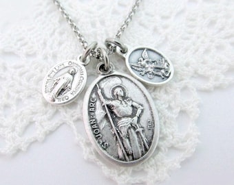St Joan of Arc Michael Miraculous Medal Birthstone Necklace Saint France Athletic Courage Angel Archangel Catholic - Stainless Steel Chain