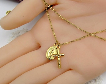 Tiny Miraculous Medal & Crucifix - Gold Toned - Stainless Steel Chain - Our Lady Pendant Necklace - Mary Blessed Mother - Mini Dainty Small