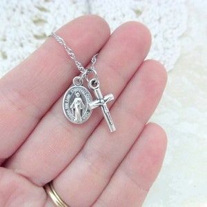 Tiny Miraculous Medal & Crucifix Stainless Steel Chain Mary Blessed Mother Our Lady Necklace Latin Pendant Mini Dainty Small Simple image 1