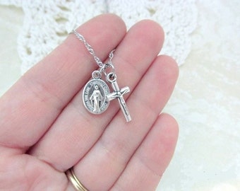 Tiny Miraculous Medal & Crucifix - Stainless Steel Chain - Mary Blessed Mother Our Lady Necklace - Latin Pendant - Mini Dainty Small Simple