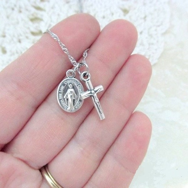 Tiny Miraculous Medal & Crucifix - Stainless Steel Chain - Mary Blessed Mother Our Lady Necklace - Latin Pendant - Mini Dainty Small Simple