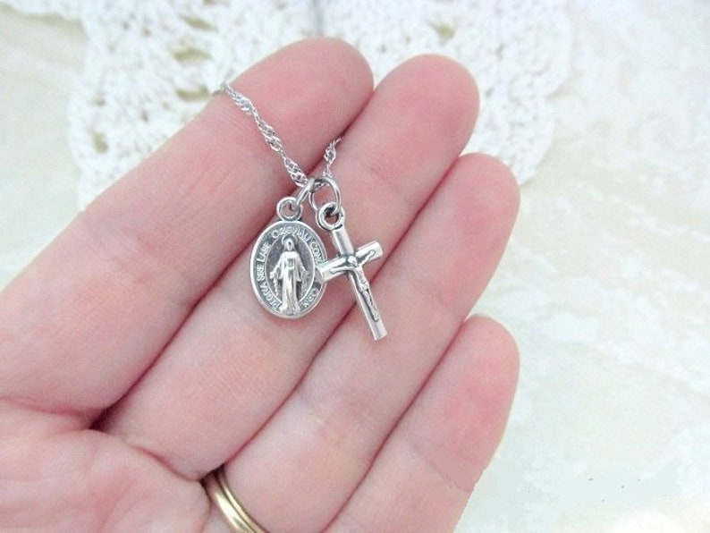 Tiny Miraculous Medal & Crucifix Stainless Steel Chain Mary Blessed Mother Our Lady Necklace Latin Pendant Mini Dainty Small Simple image 1