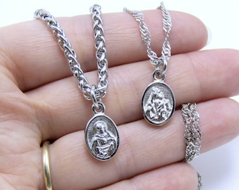 100% Stainless Steel Scapular Medal Necklace - Our Lady Mount Carmel Sacred Heart Jesus - Tiny Mini Dainty Small Strong Non-Tarnish Catholic