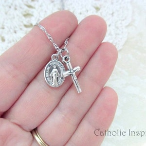 Customizable Tiny Medal Necklace - Stainless Steel Chain - Saint Our Lady Mary Crucifix - Choose the Pendants - Mini Dainty Small Simple