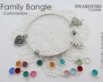 Family Bangle - Choose Birthstones - Tree Heart Cross Holy Family Catholic Christian Jesus Bracelet Jewelry Mom Grandma - Stainless Steel