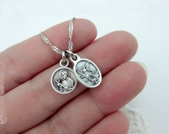 Tiny St Gerard & Michael Medal Necklace - Stainless Steel Chain - Catholic Saint Angel Pregnancy Baby Mother Mini Dainty Small