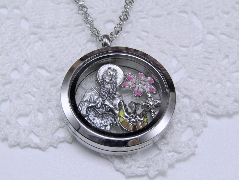 Custom Kateri Tekakwitha Glass Locket Saint Medal American Indian Lily Cross Living Heart Floating Jewelry Necklace Christian Catholic image 1