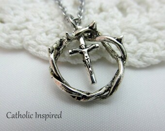 Crown of Thorns and Crucifix Necklace ~ Stainless Steel Chain - Jewelry - Fancy Decorative Cross Catholic Christian