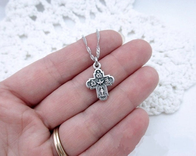 Tiny 5-way Cross and Medal - Stainless Steel Chain - Necklace Our Lady ...