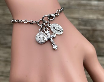 Catholic Bracelet - Miraculous Medal St. Benedict Crucifix Cross - Jesus Mary Our Lady Saint Jewelry Stainless Steel Chain Charm Bracelet
