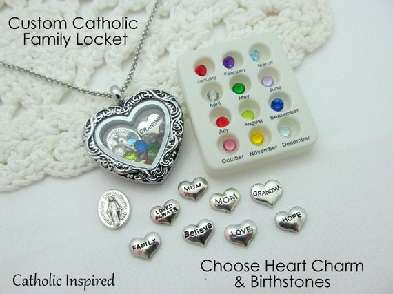 Custom Catholic Family Floating Locket Miraculous Medal Mother Grandmother Mom Family Birthstones Birth Gems Charms Memory Origami Owl